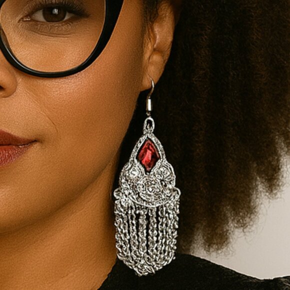 Red Gem Chandelier Earrings – Silver Filigree with Chain Fringe - Picture 1 of 3